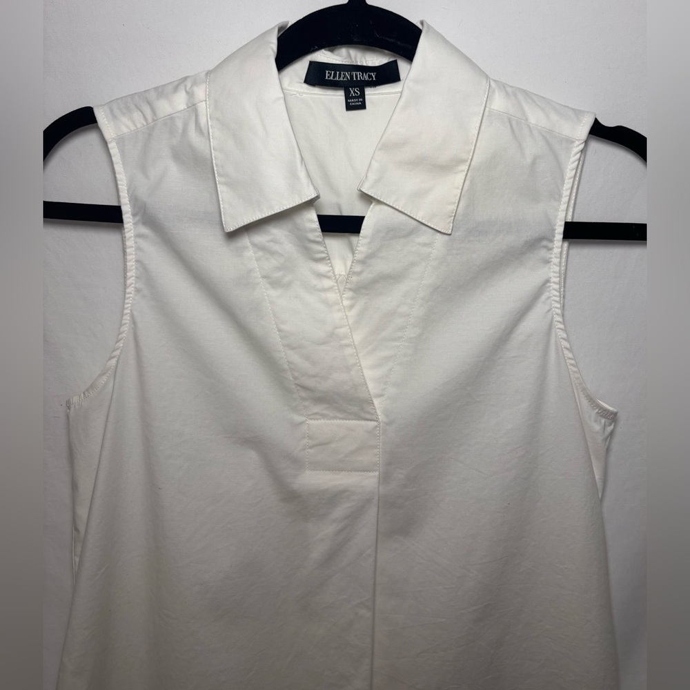 Ellen Tracy Collared V Neck Sleeveless Blouse Tunic Sz XS Crisp White Classic